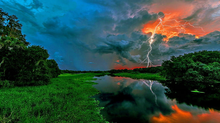 éclair, campagne, rivière, tempête, nature, Fond d'écran HD