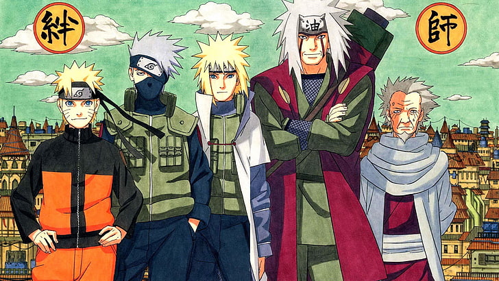 Naruto-Charakterfoto, Naruto Shippuuden, Hokage, Anime, Namikaze Minato, Uzumaki Naruto, Hatake Kakashi, Jiraiya, Hiruzen Sarutobi, Konoha, HD-Hintergrundbild