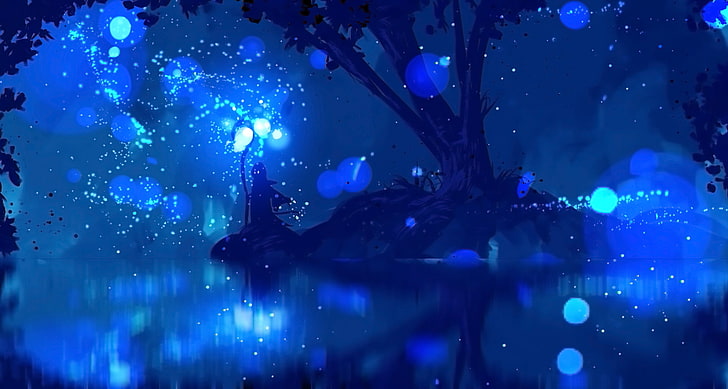 Anime, oryginał, niebieski, jezioro, światło, mag, magia, drzewo, Tapety HD