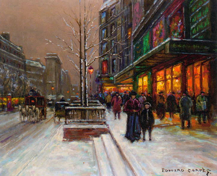 group of people walking near road painting, winter, snow, Paris, the evening, Christmas, New year, showcase, Edouard Cortes, St.Denis, HD wallpaper