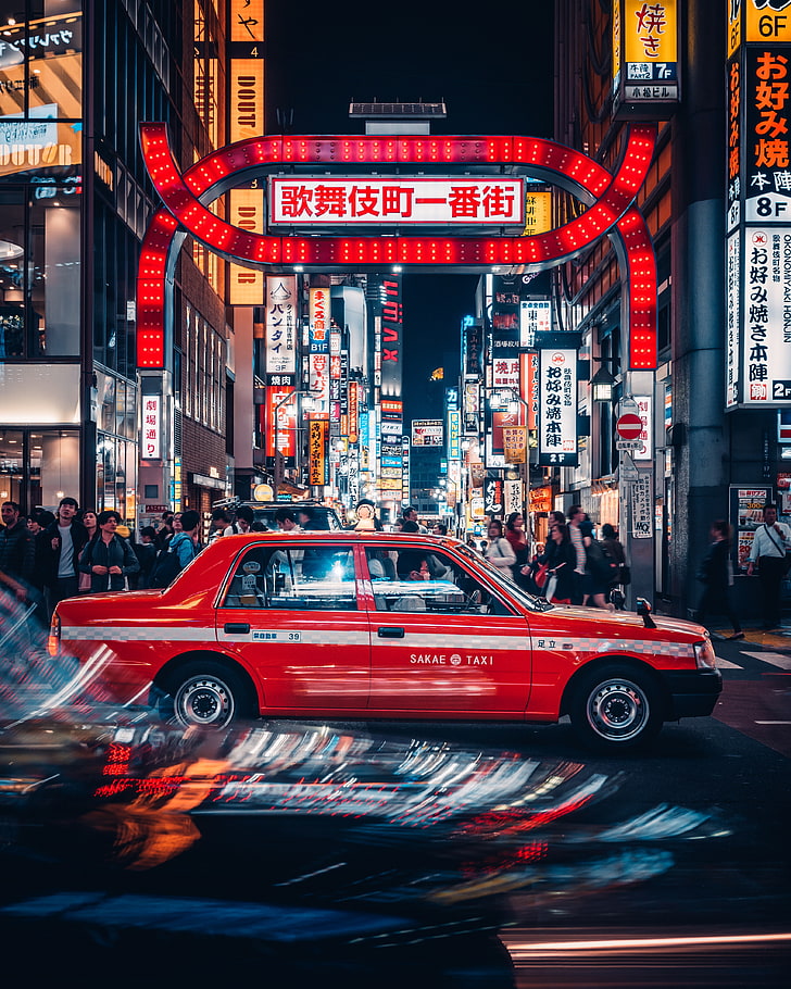 Саймон Чжу, Токио, городской, такси, неон, городской пейзаж, машина, автомобиль, красные машины, люди, Азия, HD обои, телефон обои