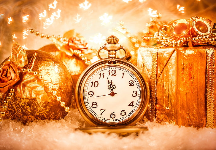 gold-colored pocket watch, watch, gifts, gold, New Year, HD wallpaper