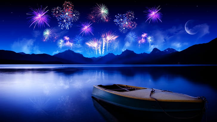 Fireworks Blue Lake HD, 4 lipca, niebieskie jezioro, łódka, fajerwerki, Tapety HD