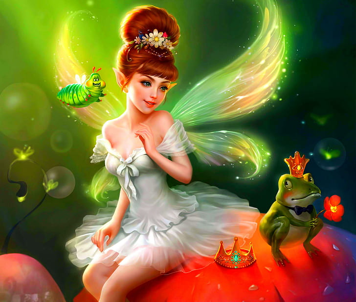 Sweet Lil Fairy, wróżka, piękna, książę, magia, słodka, skrzydła, korona, piękna, magiczna, mała, żaba, książę-żaba, słodka, fantasy, Tapety HD