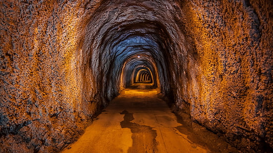 tunnel, rock, lights, mine shaft, wet, orange, arch, HD wallpaper HD wallpaper