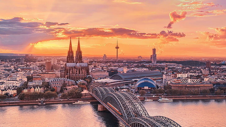 جسر فولاذي رمادي ، ألمانيا ، مناظر المدينة ، غروب الشمس ، المدينة ، كولونيا ، الجسر ، كاتدرائية كولونيا، خلفية HD