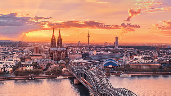 szary most stalowy, Niemcy, pejzaż miejski, zachód słońca, miasto, Kolonia, most, katedra w Kolonii, Tapety HD HD wallpaper