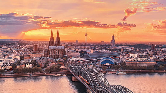 matahari terbenam, Jerman, kota, Katedral Cologne, jembatan, lanskap kota, Cologne, Wallpaper HD HD wallpaper