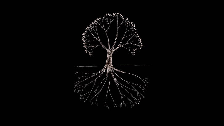 Ilustración del árbol, Gojira, minimalismo, ilustraciones, árboles, fondo simple, fondo negro, Fondo de pantalla HD
