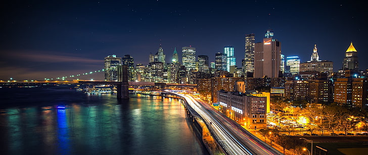 黒と白のコンクリートの建物、ニューヨーク市、長時間露光、街の明かり、都市、ブルックリン橋、 HDデスクトップの壁紙