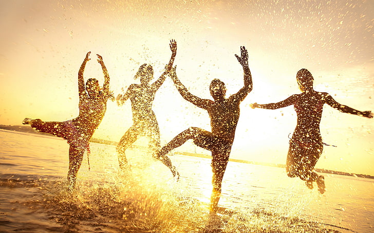 Group Summer Joy, grupo de personas silueta, Otro`` océano, verano, disfrutar, amigos, Fondo de pantalla HD