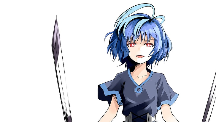 personaje de anime femenino con espada, bala negra, Hiruko Kohina, chicas de anime, ojos rojos, cabello azul, cabello corto, fondo blanco, Fondo de pantalla HD
