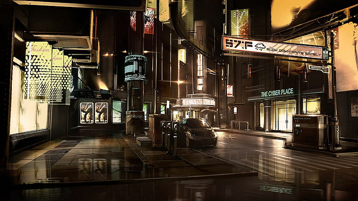 Deus Ex: Human Revolution, Киберпанк, Футуристический, Улица, Автомобиль, Киберпанк, Футуристический, Улица, Автомобиль, HD обои