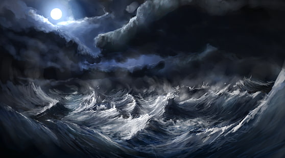 嵐の海の絵画、海乱流アート、芸術、ファンタジー、嵐、絵画、 HDデスクトップの壁紙 HD wallpaper
