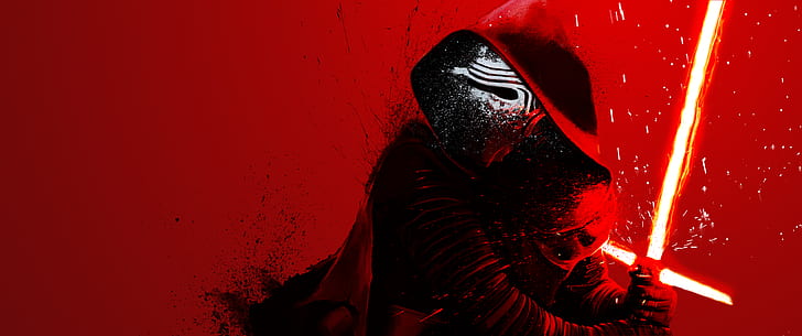 Kylo Ren, ultra-lebar, latar belakang merah, lightsaber, Star Wars: The Force Awakens, Wallpaper HD