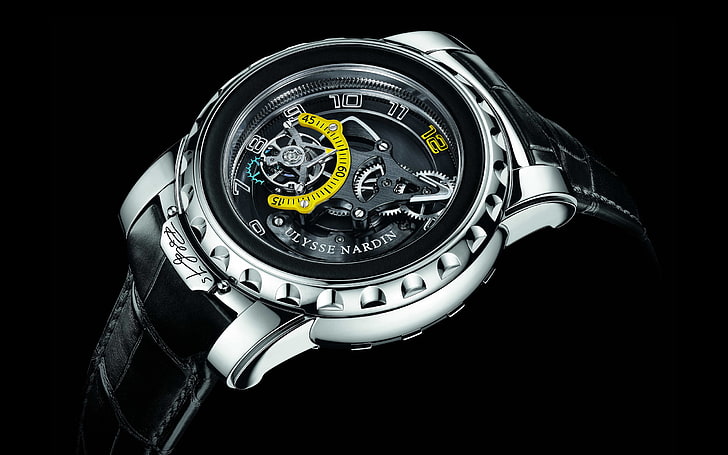 круглые серебряные часы-скелетон с черным кожаным ремешком, время, стрелки, часы, циферблат, швейцарские часы, ulysse nardin, ход, HD обои