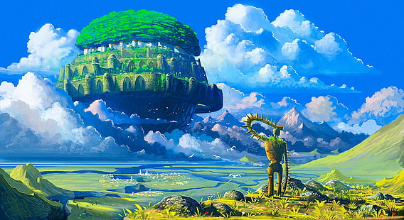 ภาพวาดปราสาทธรรมชาติสีเขียวและน้ำตาล, Studio Ghibli, Castle in the Sky, หุ่นยนต์, อะนิเมะ, เกาะลอยน้ำ, วอลล์เปเปอร์ HD HD wallpaper