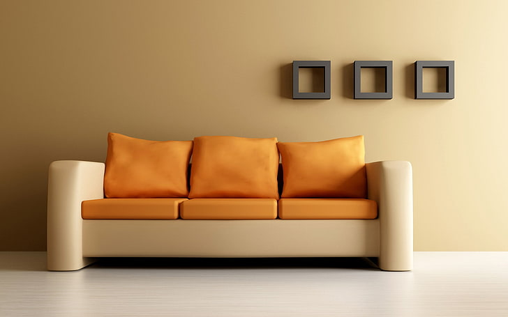 sofá de 3 plazas marrón y beige, sofá, estanterías, paredes, diseño, Fondo de pantalla HD