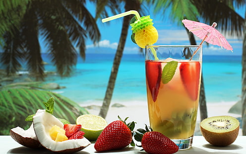 two strawberries and one sliced kiwi fruit, cocktails, drink, fruit, coconuts, strawberries, kiwi (fruit), trees, tropical, HD wallpaper HD wallpaper