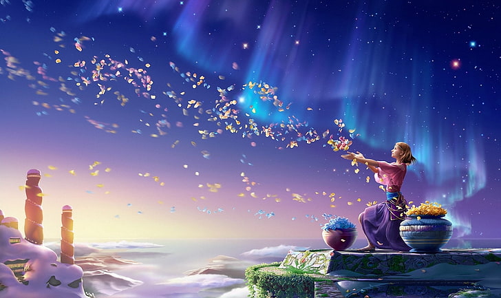 امرأة في ثوب وردي تقف بجانب خلفية الزهور ، السماء ، الفتاة ، الزهور ، الأضواء الشمالية ، البتلات ، الفن ، كاغايا، خلفية HD