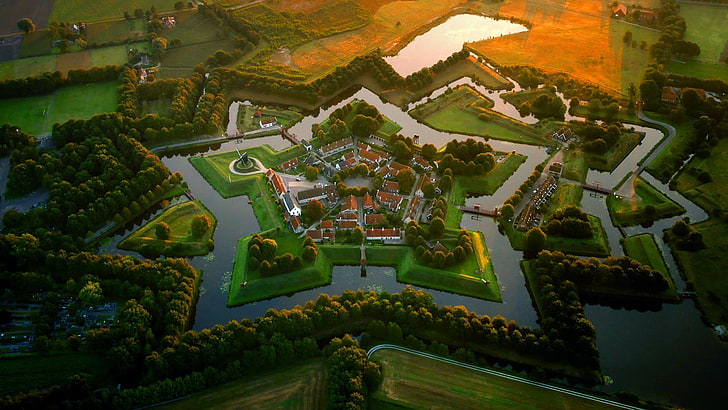 Flygfoto, solnedgång, byar, natur, Groningen, Fort Bourtange, träd, Europa, Nederländerna, fält, Bourtange, landskap, HD tapet