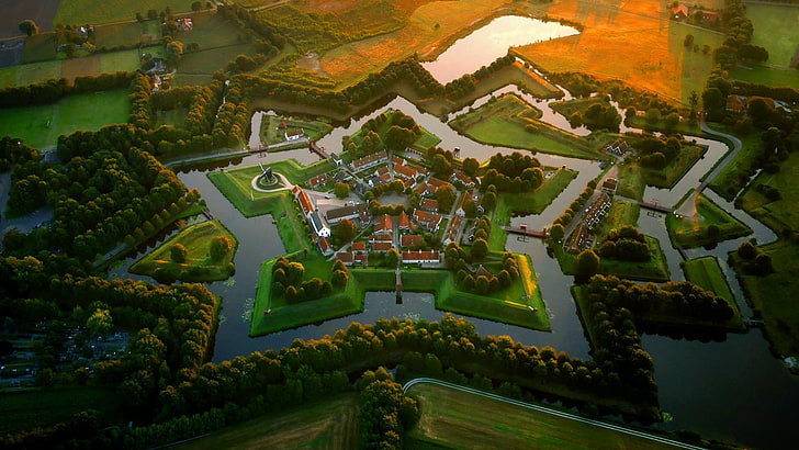 въздушна фотография на остров, Холандия, пейзаж, природа, дървета, села, залез, Европа, въздушен изглед, поле, Bourtange, Groningen, Fort Bourtange, HD тапет