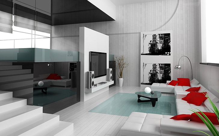 set lengkap ruang tamu kayu putih, desain interior, sofa, set televisi, bantal, tangga, refleksi, vas, modern, Wallpaper HD