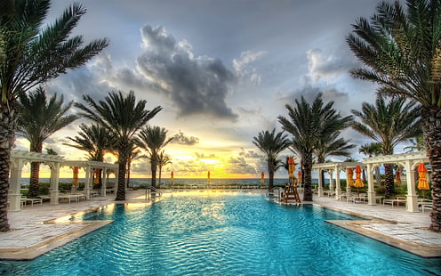 Palm trees, swimming pool, resort, sunset, clouds, sea, Palm, Trees, Swimming, Pool, Resort, Sunset, Clouds, Sea, HD wallpaper HD wallpaper