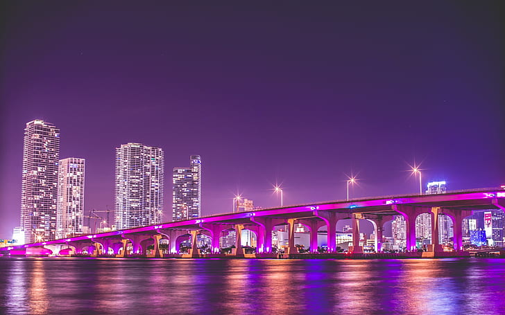 purple, bridge, night, usa, skyscrapers, miami, cityscape, photography, usa cities, concrete bridge wallpaper, purple, bridge, night, usa, skyscrapers, miami, cityscape, photography, usa cities, HD wallpaper