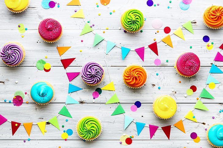 свещи, цветни, дъга, торта, сметана, честит рожден ден, цветове, кекс, празник, кексчета, декорация, свещ, рожден ден, HD тапет