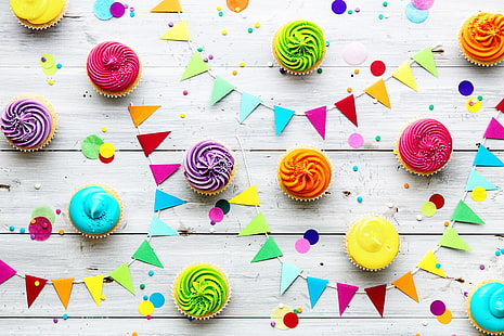 candles, colorful, rainbow, cake, cream, Happy Birthday, colours, cupcake, celebration, cupcakes, decoration, candle, Birthday, HD wallpaper HD wallpaper