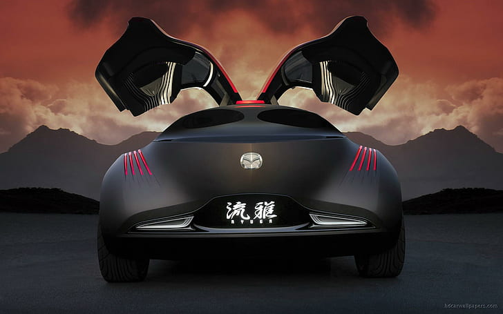Mazda Ryuga Concept 6, schwarzes Flügeltürer-Mazda-Luxusauto, Konzept, Mazda, Ryuga, Autos, HD-Hintergrundbild