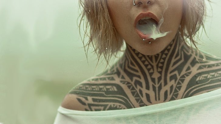 women's white sheer off-shoulder top, tattoo, smoking, Pierced Lips, pierced nose, nose rings, Teya Salat, Alexander Tikhomirov, HD wallpaper