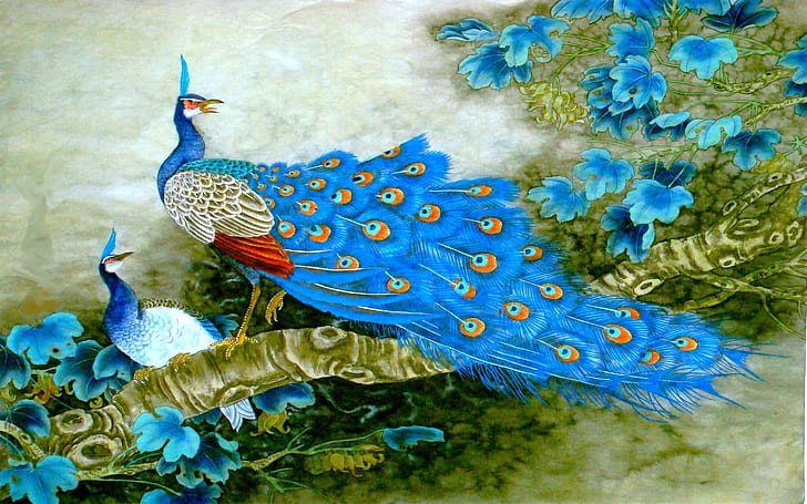 DIVINE BIRDS, couple-art, blue, peahen, feathers, peacock, HD wallpaper