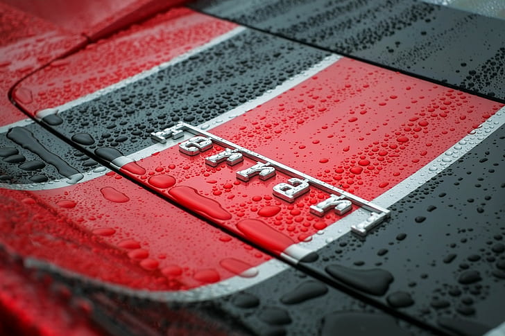 логотип, капли воды, суперкар, автомобиль, Ferrari, красные машины, HD обои