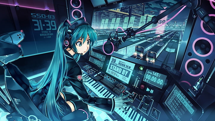 Miku Hatsune digital wallpaper, girl, equipment, microphone, headphones, train, HD wallpaper