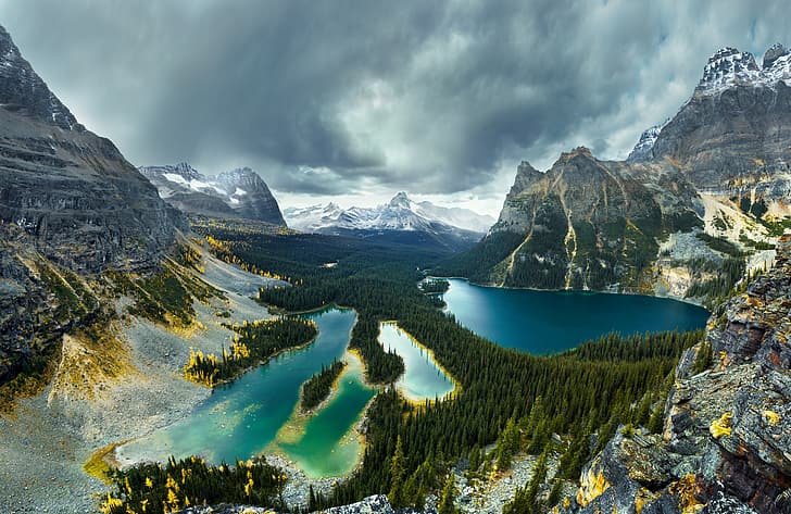 outono, floresta, céu, nuvens, árvores, montanhas, lago, rochas, Canadá, Colúmbia Britânica, Parque Nacional de Yoho, Lago O'Hara, Montanhas Rochosas canadenses, HD papel de parede