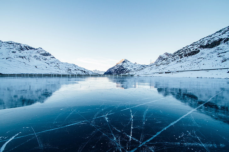물줄기, 스위스, 겨울, 눈, 얼음, 반사, 산, 풍경, 자연, 얼어 붙은 호수, HD 배경 화면