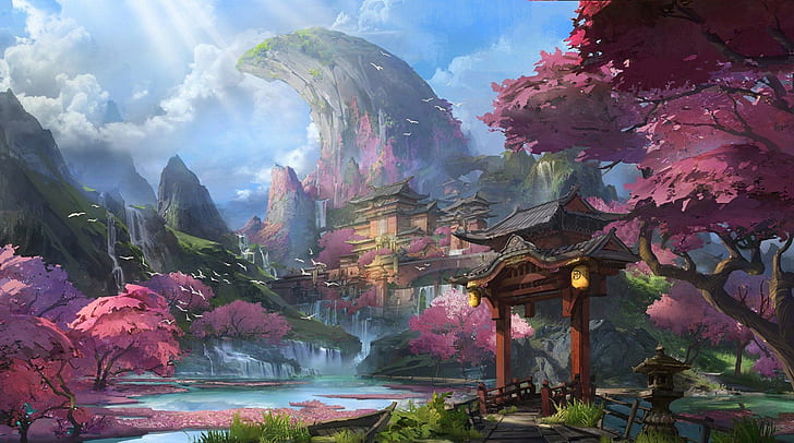 произведения искусства, фэнтези, китайская архитектура, горы, вишня, река, HD обои