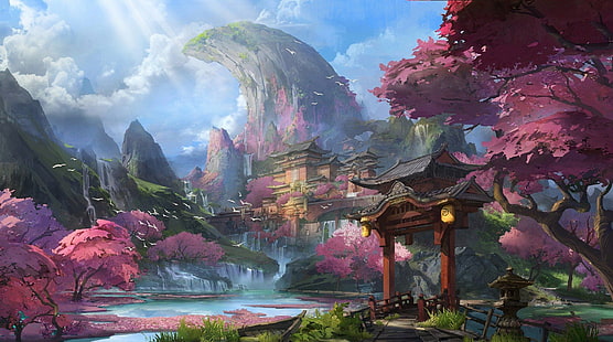 karya seni, seni fantasi, arsitektur Cina, pegunungan, bunga sakura, sungai, Wallpaper HD HD wallpaper