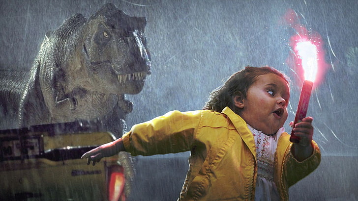 jas hujan kuning gadis, tanpa judul, humor, meme, humor gelap, Jurassic Park, Tyrannosaurus rex, Wallpaper HD