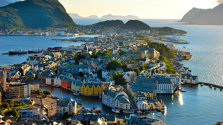 залив, больше ог ромсдал, фьорд, европа, норвегия, алесунд, городской пейзаж, путешествие, гавань, море, аэрофотосъемка, небо, вода, туристическая достопримечательность, туризм, побережье, город, HD обои