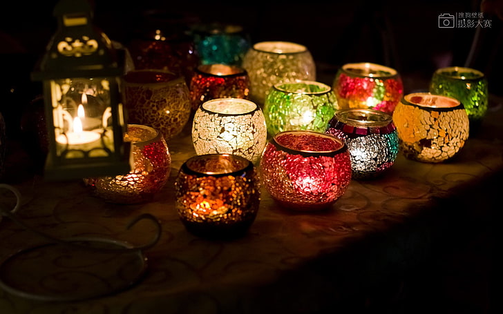 mosaic vase lot, candles, lights, lantern, HD wallpaper