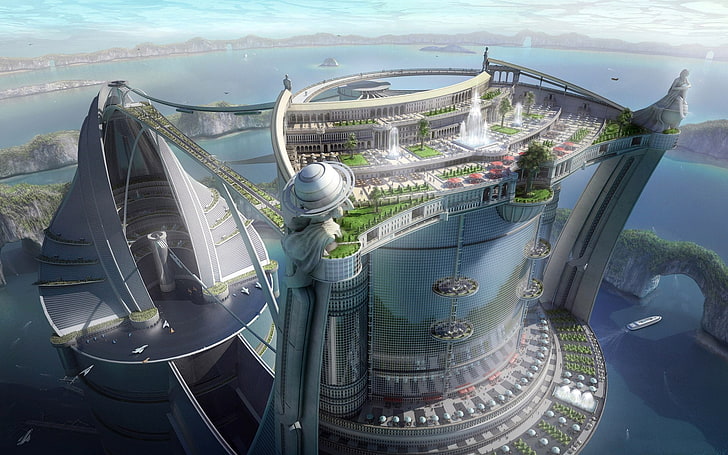 التوضيح مفهوم المبنى الرمادي ، والفن الرقمي ، والخيال العلمي ، والمدينة المستقبلية، خلفية HD