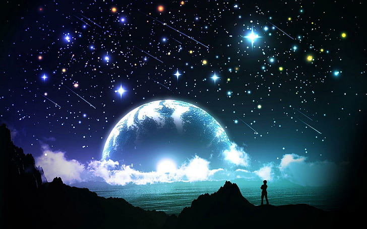 밝은 밤하늘, 유성우 애니메이션, 판타지, 1920x1200, 구름, 바다, 밤, 별, 달, HD 배경 화면