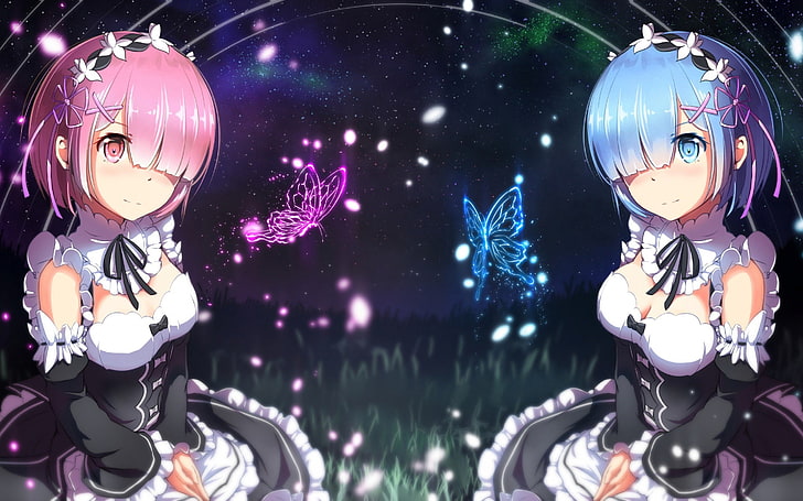 Re: Null, Widder, Rem, Schmetterlinge, Sterne, Nacht, Anime, HD-Hintergrundbild