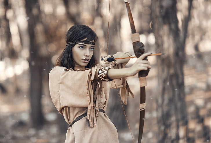 женская фотография индейская одежда лук и стрелы, HD обои