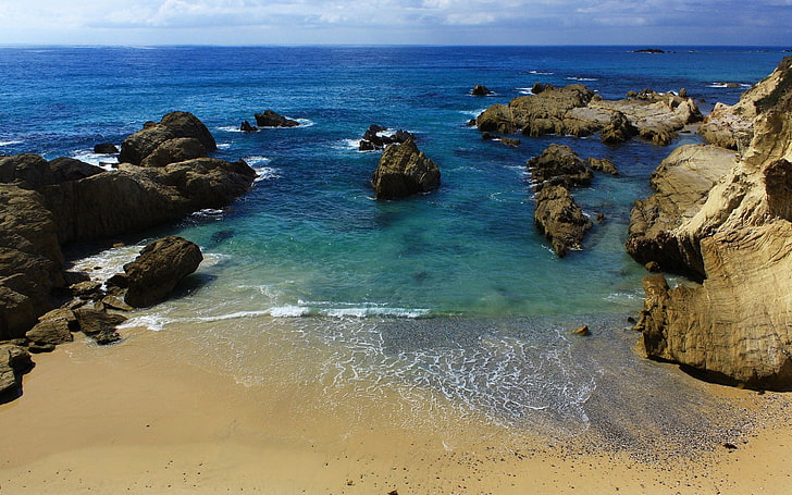갈색 암석, 바다, 바위, 모래, 해변, HD 배경 화면