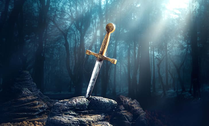 nature, stone, sword, Excalibur, the sword in the stone, HD wallpaper