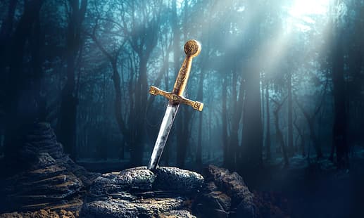 nature, stone, sword, Excalibur, the sword in the stone, HD wallpaper HD wallpaper